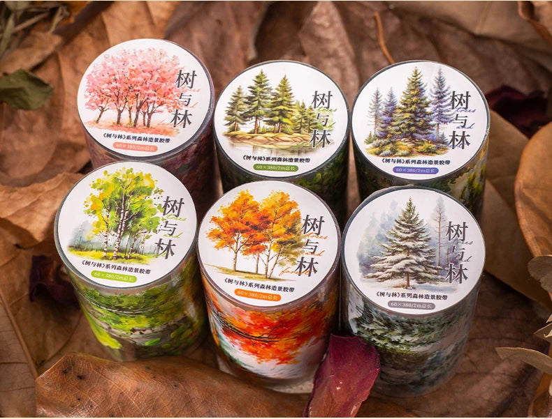 A collection of glass jars filled with forest botanical PET tape in various natural colors and textures.