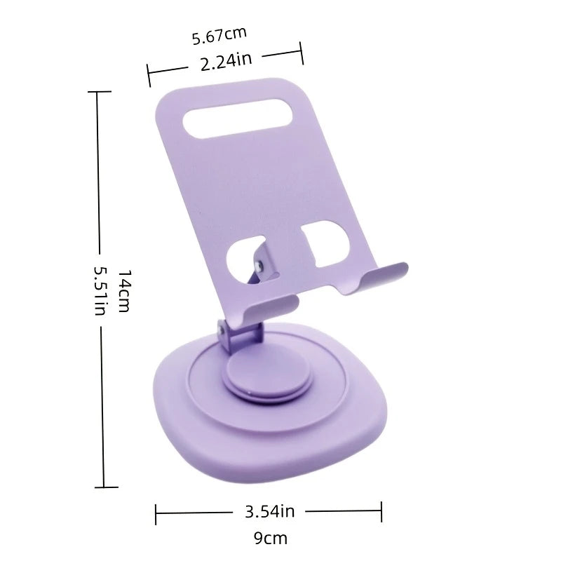 A purple foldable desktop phone stand with a rotating feature shown in side and top views.