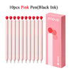 A box containing 10 pink pens with black ink and a popup design.