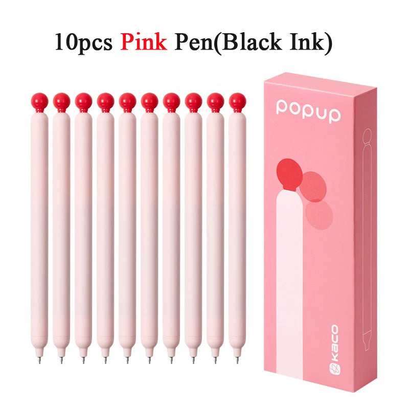 A box containing 10 pink pens with black ink and a popup design.