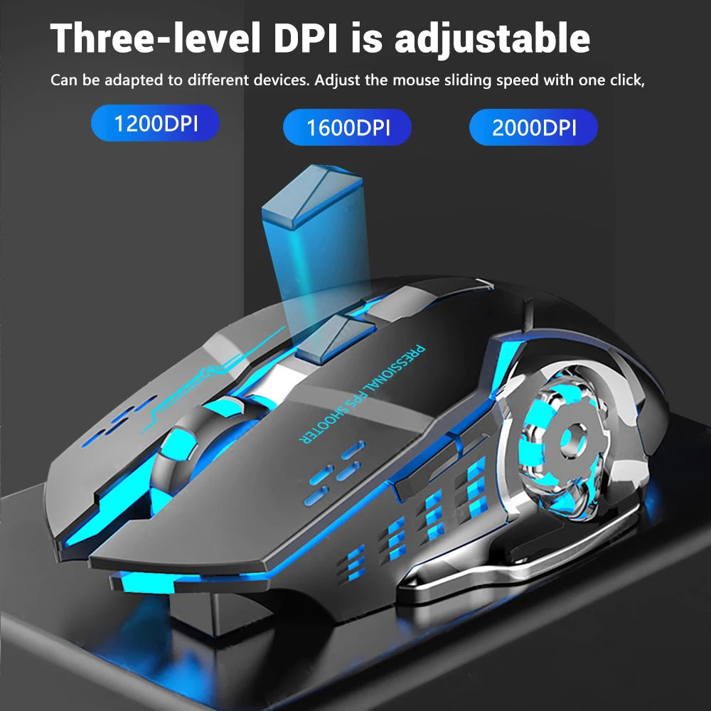 A black gaming mouse is shown with blue LED accents, demonstrating three adjustable DPI settings: 1200DPI, 1600DPI, and 2000D