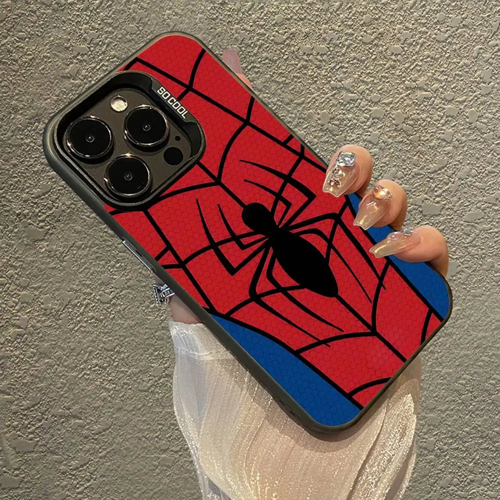 A phone case featuring a red background with a black spider web design and a black spider silhouette.