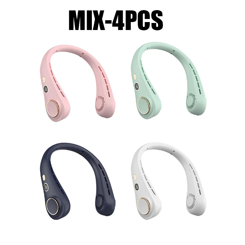 Four hands-free neck fans in pink, mint green, and white colors shown individually.
