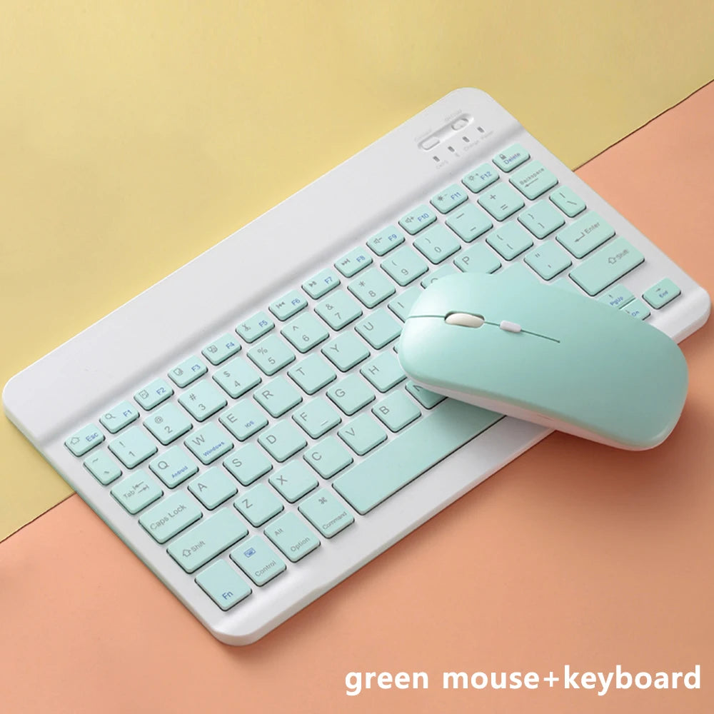 A light green portable Bluetooth keyboard and mouse combo resting on a beige surface.