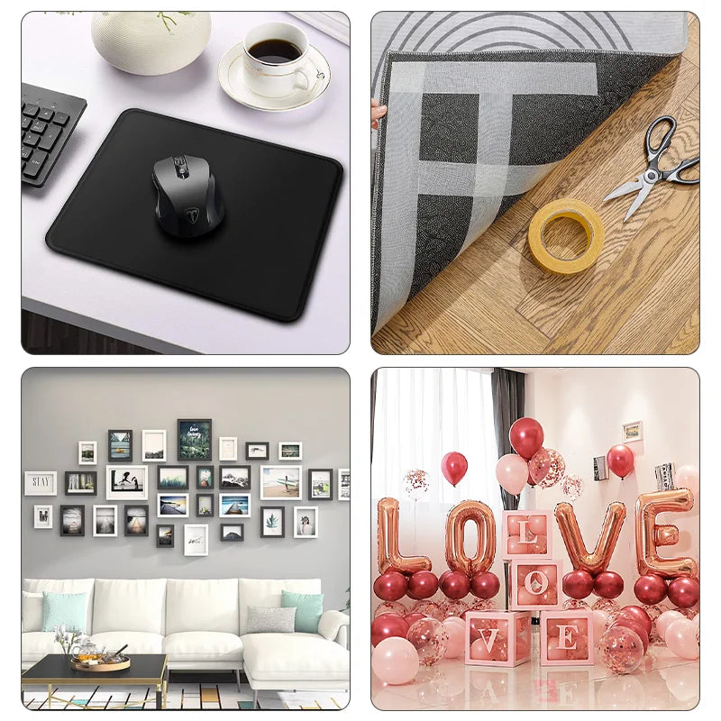 A set of heavy-duty double-sided cloth tape is shown with various applications including a mousepad, fabric, and decorative e