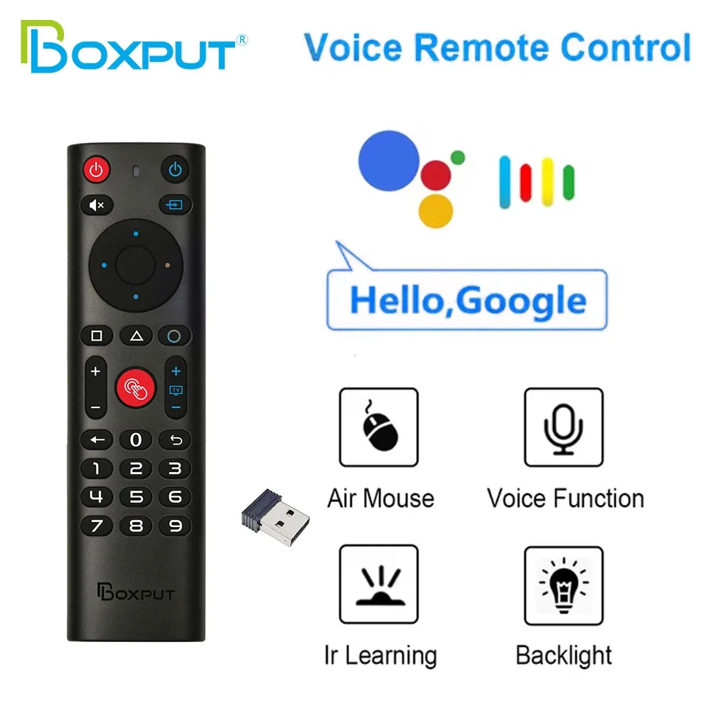 Black Boxput voice remote control featuring air mouse, voice function, ir learning, and backlight features