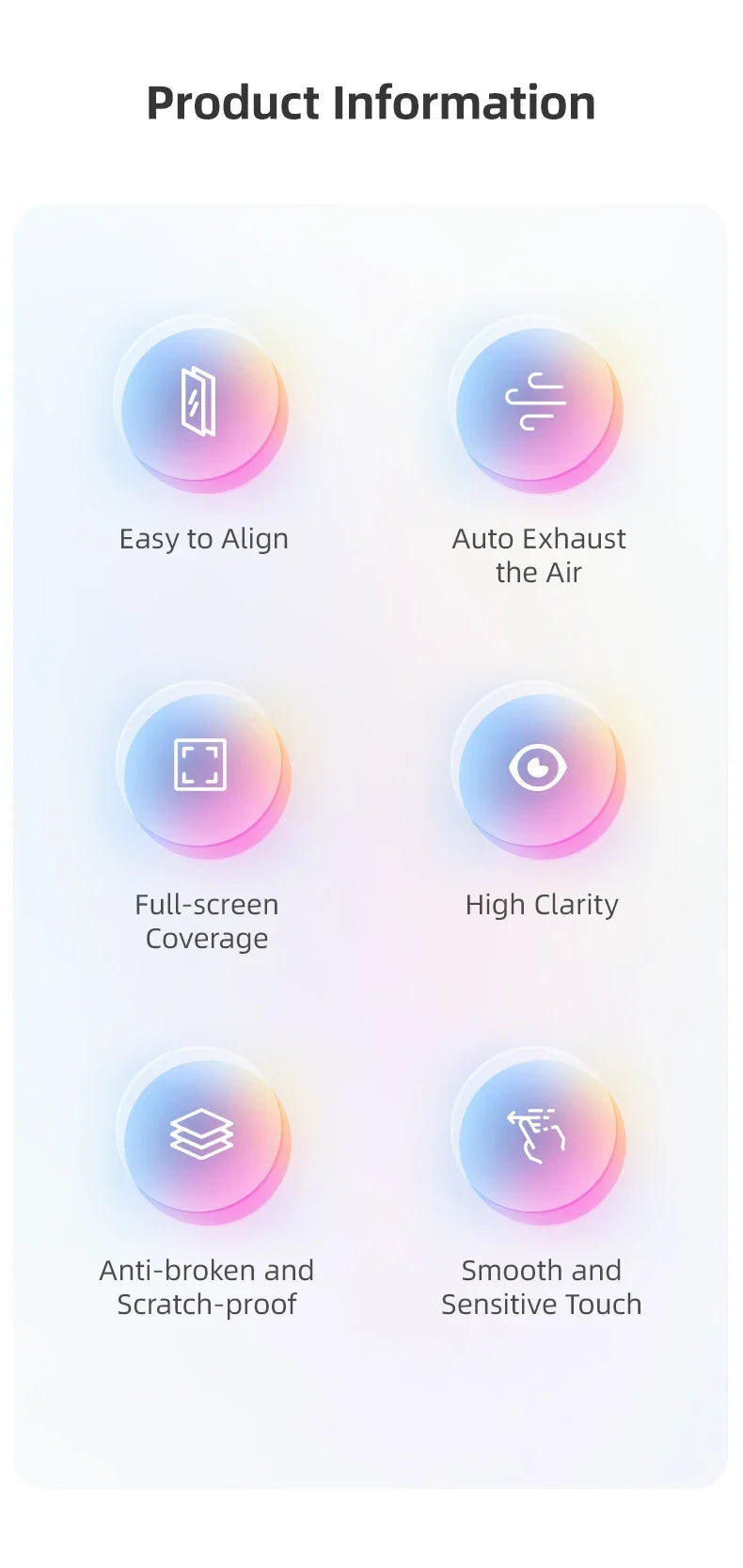 Product information screen showing features like easy alignment, auto exhaust the air, full-screen coverage, high clarity, an