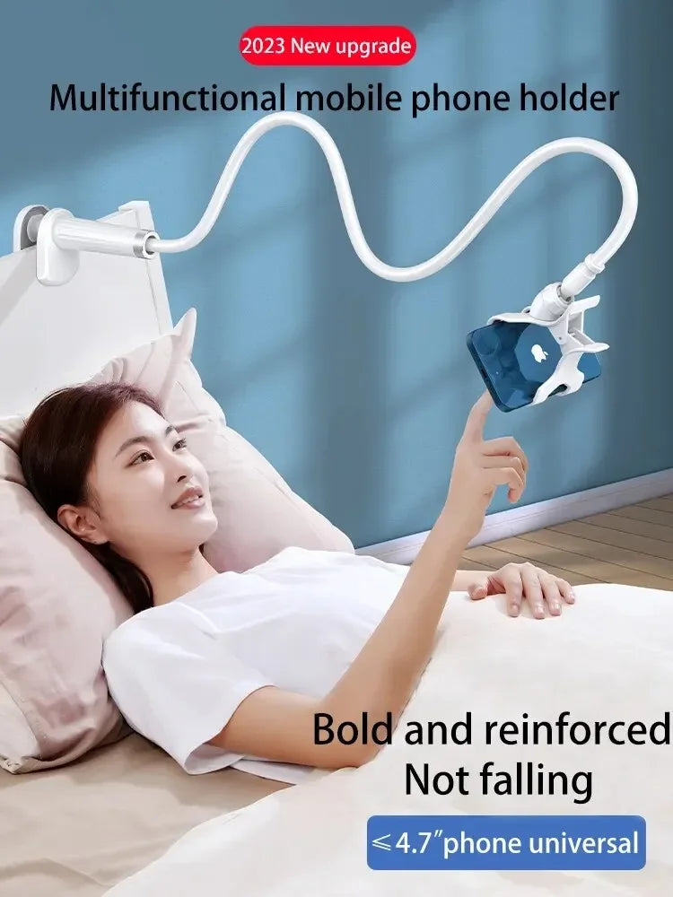 A woman is using a multifunctional mobile phone holder with a flexible gooseneck to hold her phone while resting in bed.