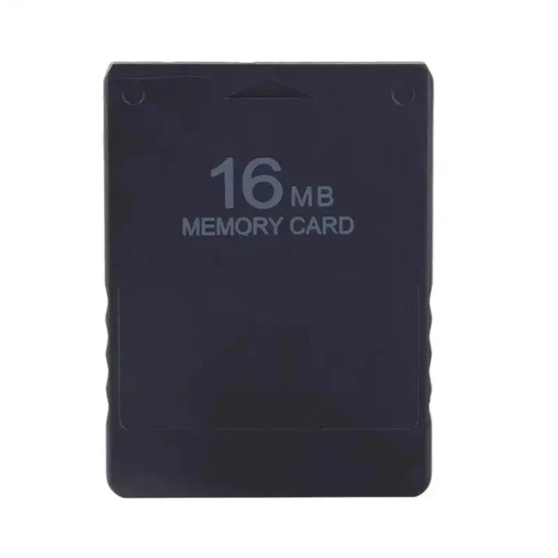 A black universal PS2 memory card with the text 16MB Memory Card printed on it.