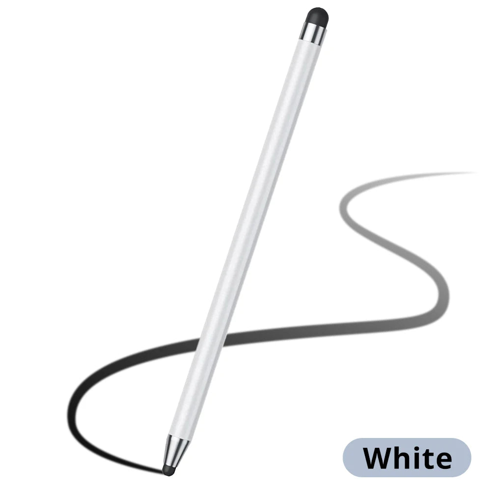 Pluma stylus capacitiva blanca con una línea de tinta negra dibujada a su lado.