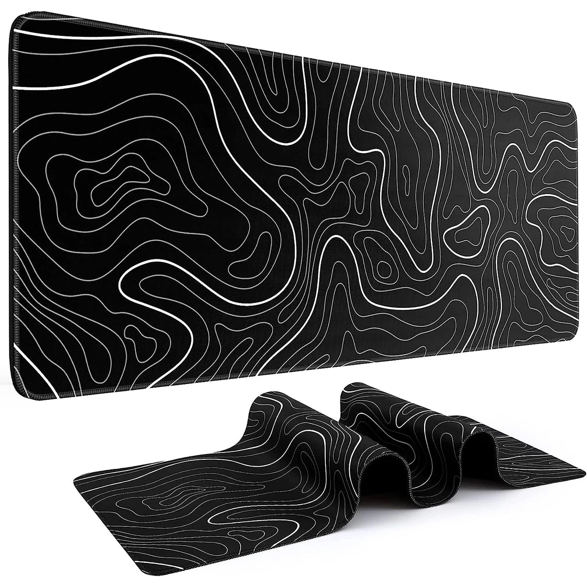 A black mouse pad featuring white topographic line patterns, shown flat and folded.