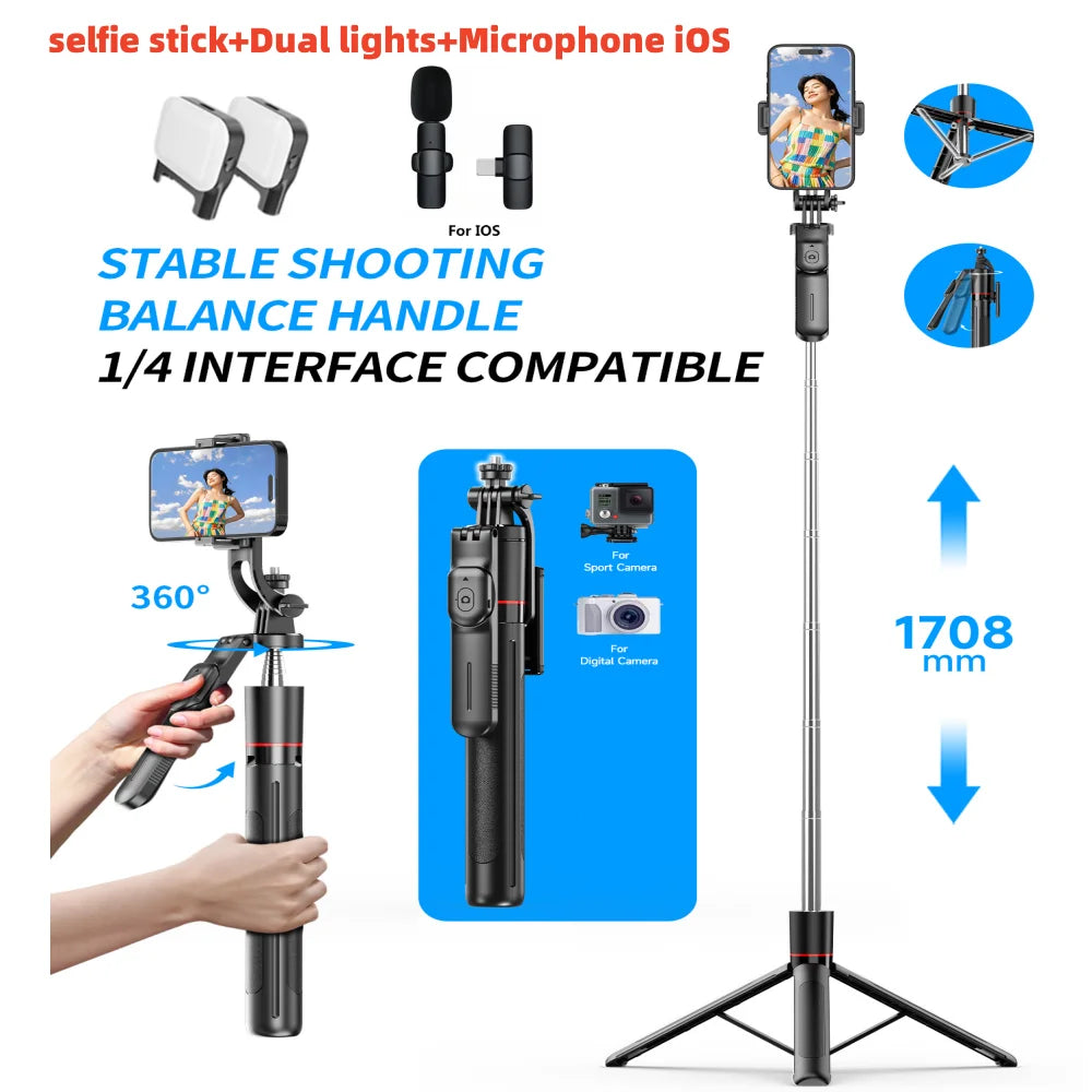 A black selfie stick tripod with dual lights and microphone mounted on a long pole, shown next to various camera accessories.