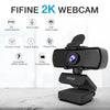 A black FIFINE 2K webcam is shown with various features listed, including FHD resolution and wide angle capabilities.