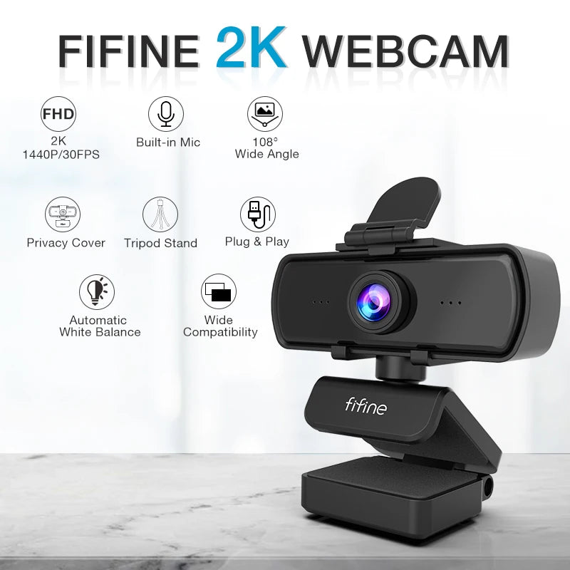 A black FIFINE 2K webcam is shown with various features listed, including FHD resolution and wide angle capabilities.