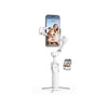 A white 3-axis smartphone gimbal stabilizer with a built-in selfie stick is shown next to a smartphone displaying a picture o