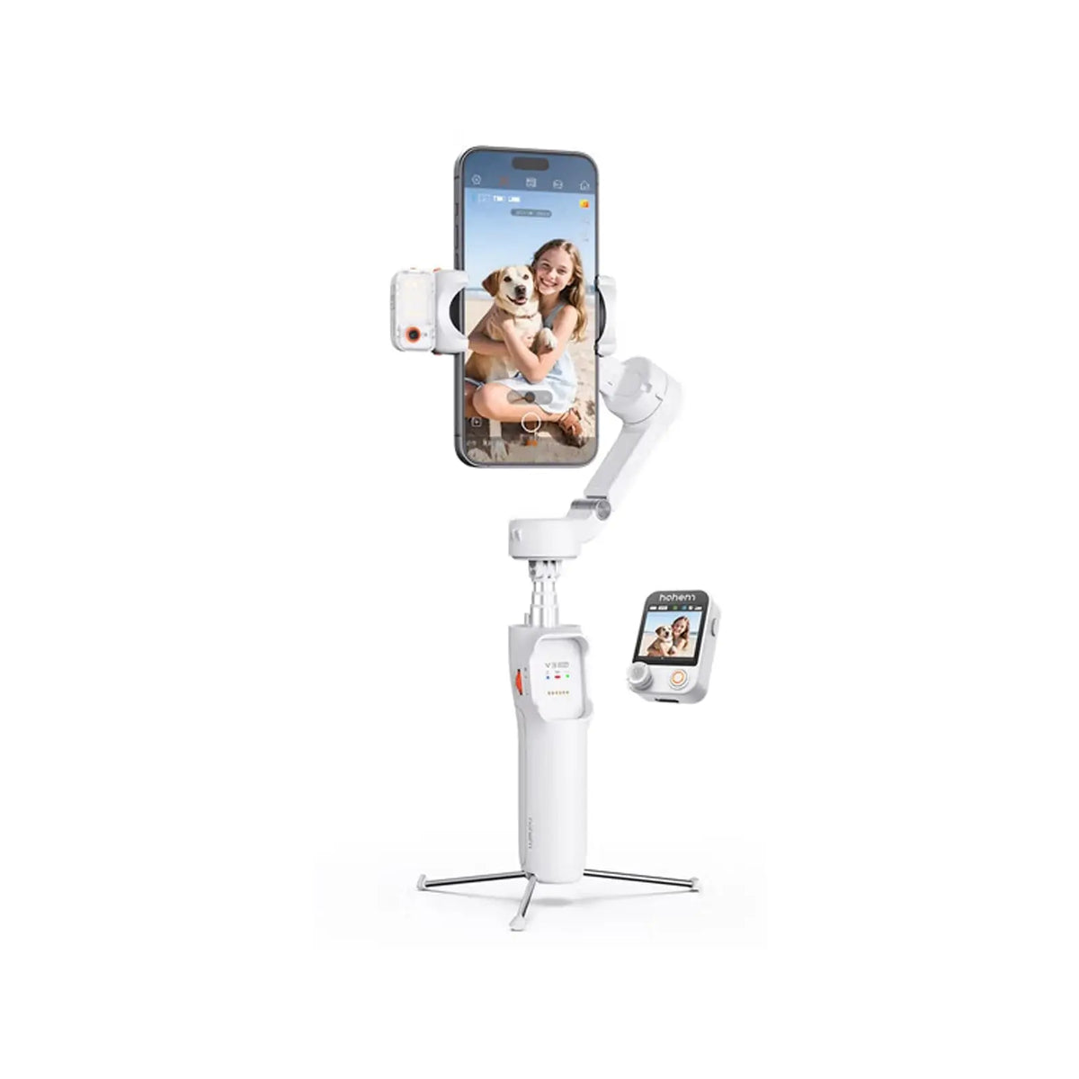 A white 3-axis smartphone gimbal stabilizer with a built-in selfie stick is shown next to a smartphone displaying a picture o