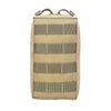 A tan tactical MOLLE utility pouch with multiple horizontal straps.