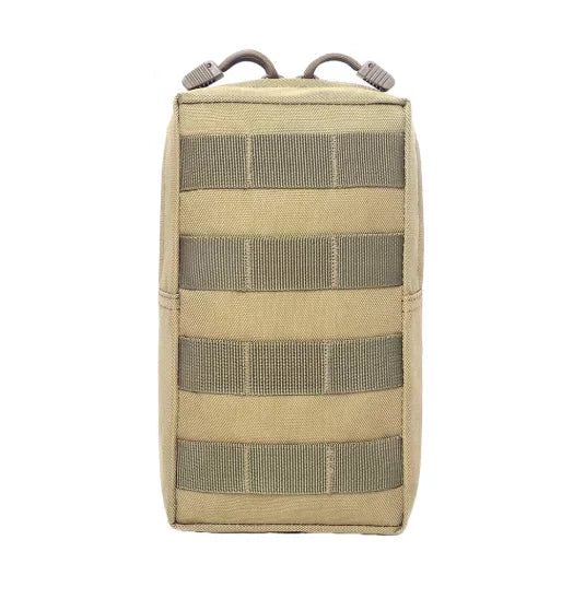 A tan tactical MOLLE utility pouch with multiple horizontal straps.