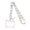 A white lanyard with a colorful rainbow pattern for holding ID badges and accessories.