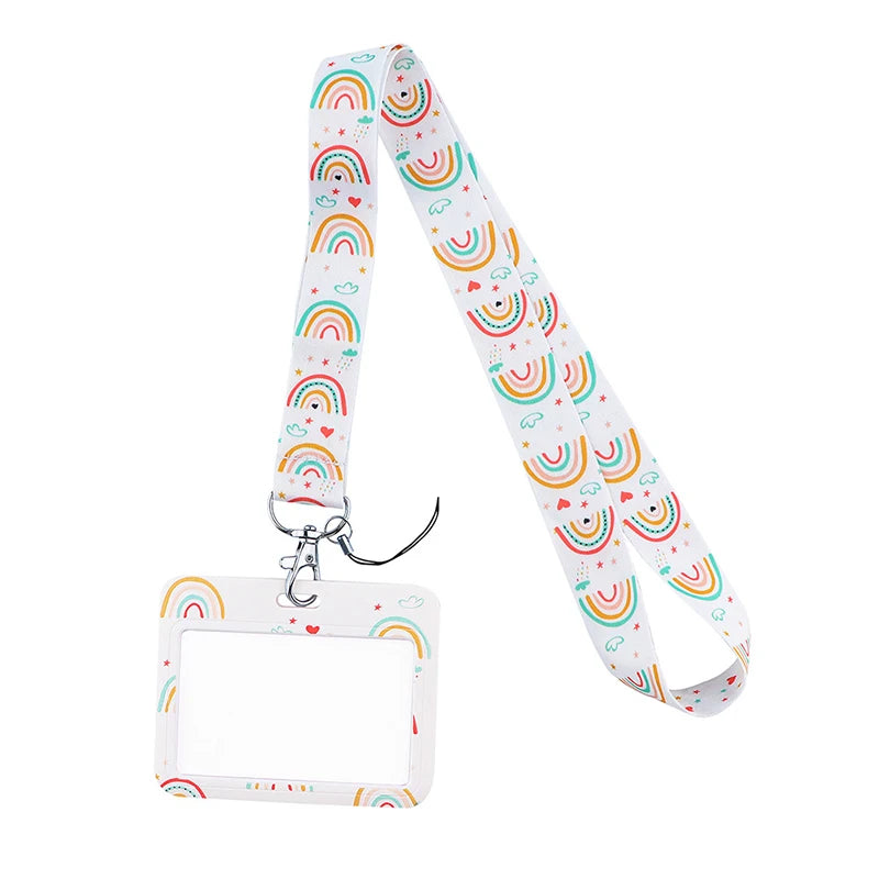 A white lanyard with a colorful rainbow pattern for holding ID badges and accessories.