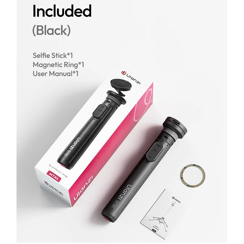 A black magnetic phone tripod is shown next to its user manual and accessories.