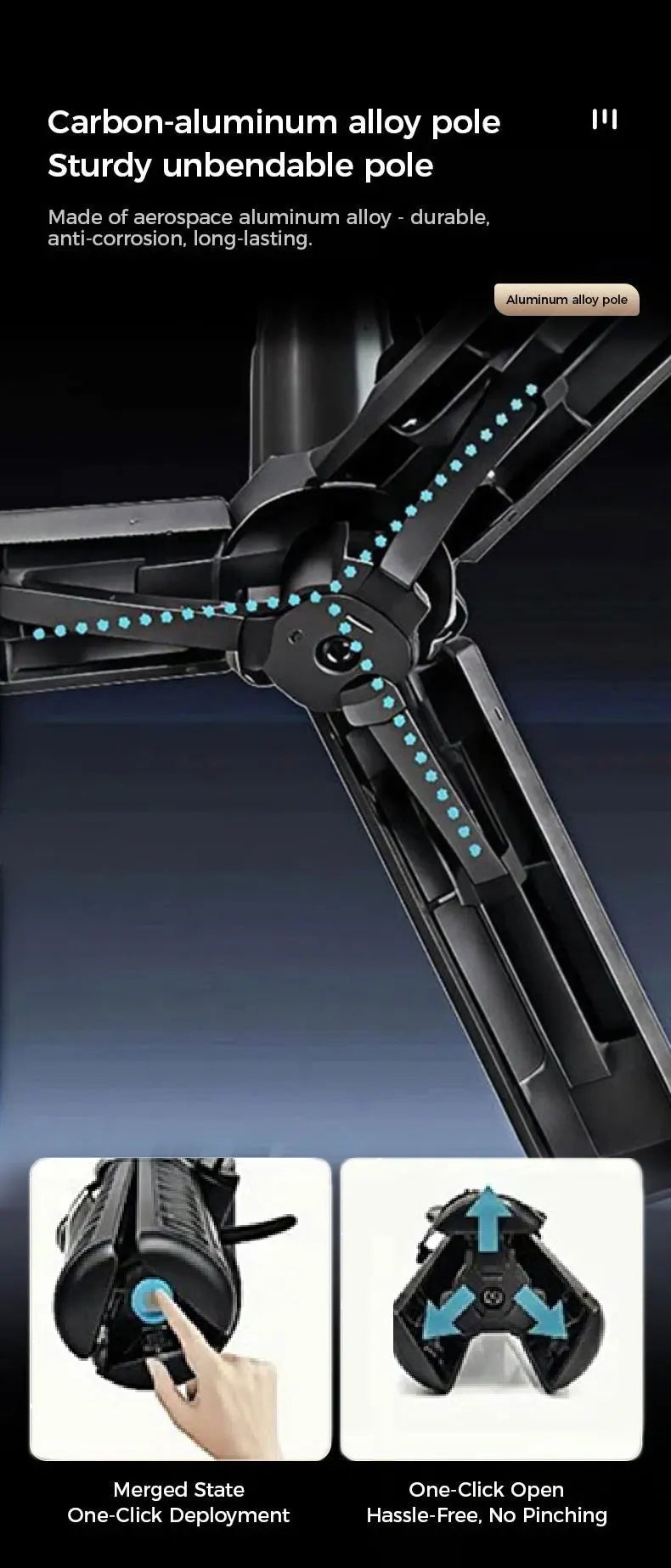 Close-up view of a black carbon-aluminum alloy pole used for a camera mount or similar device.
