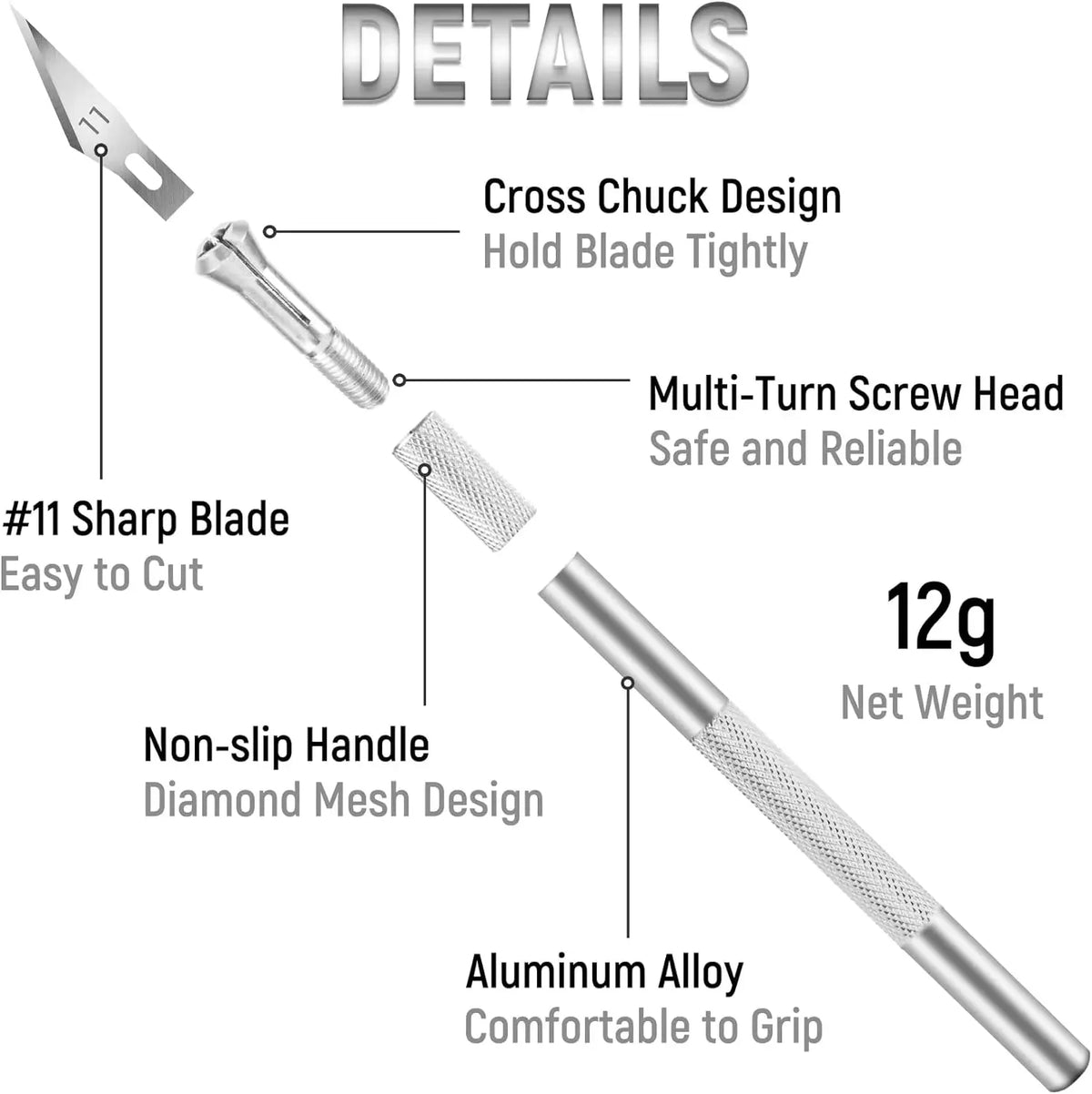 Details of a precision craft knife featuring a cross chuck design, multi-turn screw head, and an aluminum alloy handle.
