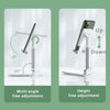 A silver multi-angle height free adjustment phone holder stand used for mounting a smartphone.