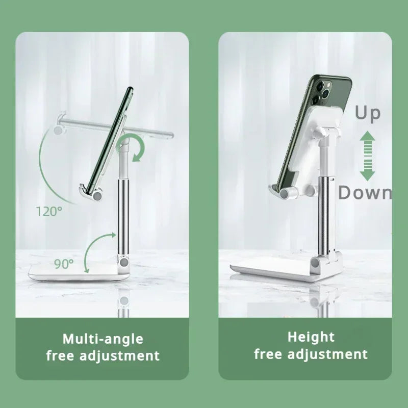 A silver multi-angle height free adjustment phone holder stand used for mounting a smartphone.