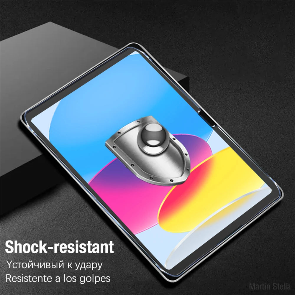 Vista cercana de un protector de pantalla de vidrio templado resistente a impactos aplicado a una pantalla de iPad.