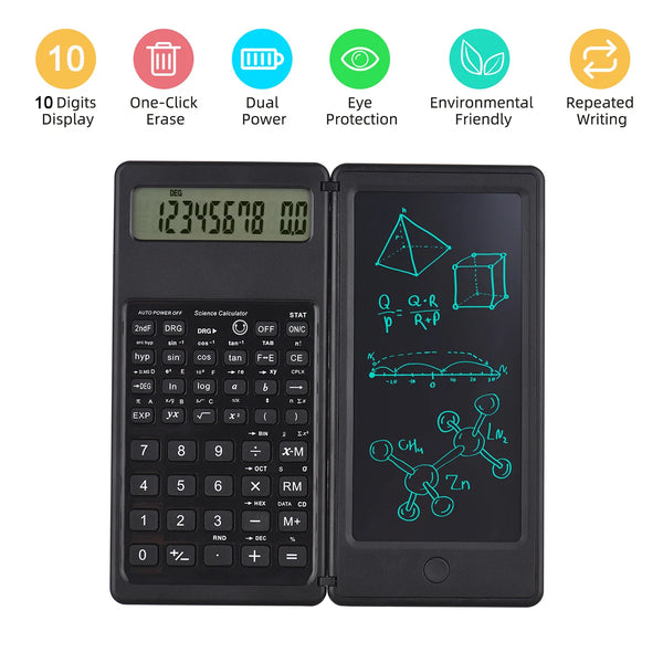 Calculatrice scientifique pliable noire et tablette d'écriture avec écran affichant une formule chimique
