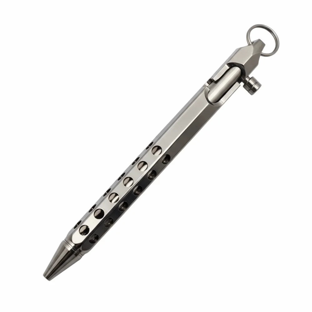 A silver brass bolt-action ballpoint pen with a metal clip and a textured barrel.