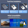 Diagram showing tool-free installation of a 2.5-inch to USB 3.0 external hard drive enclosure and its compatibility with vari