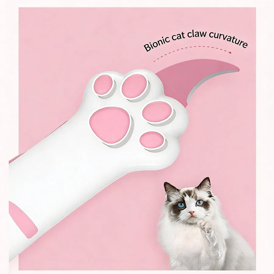 A white plastic tool shaped like a cat paw is shown next to a fluffy gray and white cat.