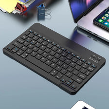 A black 10-inch Bluetooth keyboard and mouse combo with a rechargeable battery displayed on a gray surface.