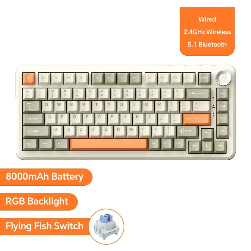 White mechanical keyboard featuring RGB backlight, 8000mAh battery, and a flying fish switch.