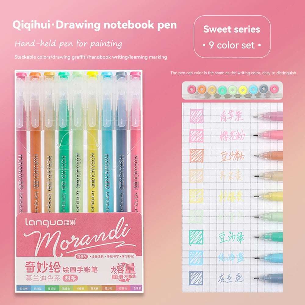 A set of nine colored Morandi drawing notebook pens in various shades and tips for painting and writing.