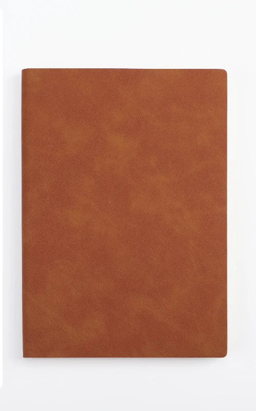 A brown leather journal or diary with a smooth texture displayed against a white background.
