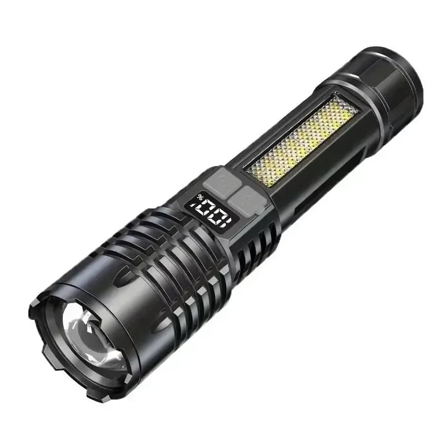 A black tactical LED flashlight with a zoom feature, showing the illuminated lens.