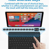 Una mano utiliza un teclado y mouse Bluetooth multilingüe para interactuar con una tableta que muestra teclas de acceso direc