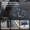 Magnetic foldable phone holder shown in various contexts including sports, home use, and leisure.