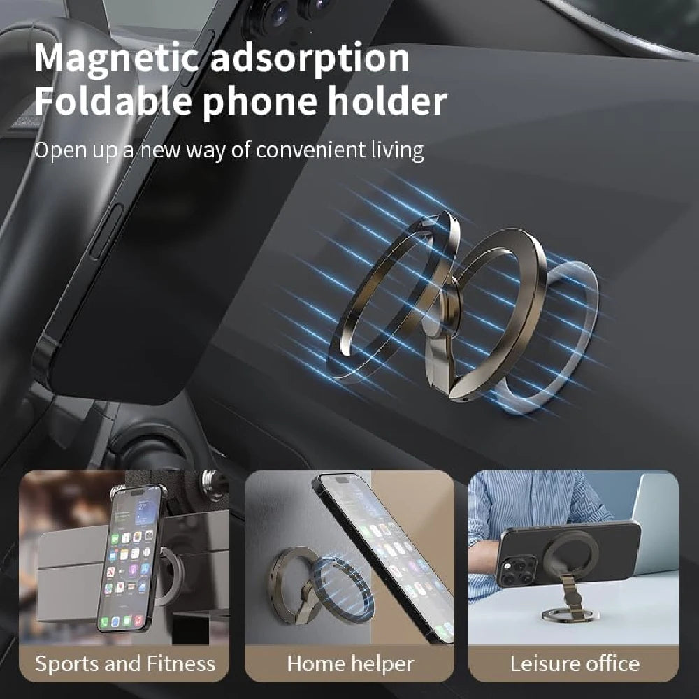 Magnetic foldable phone holder shown in various contexts including sports, home use, and leisure.