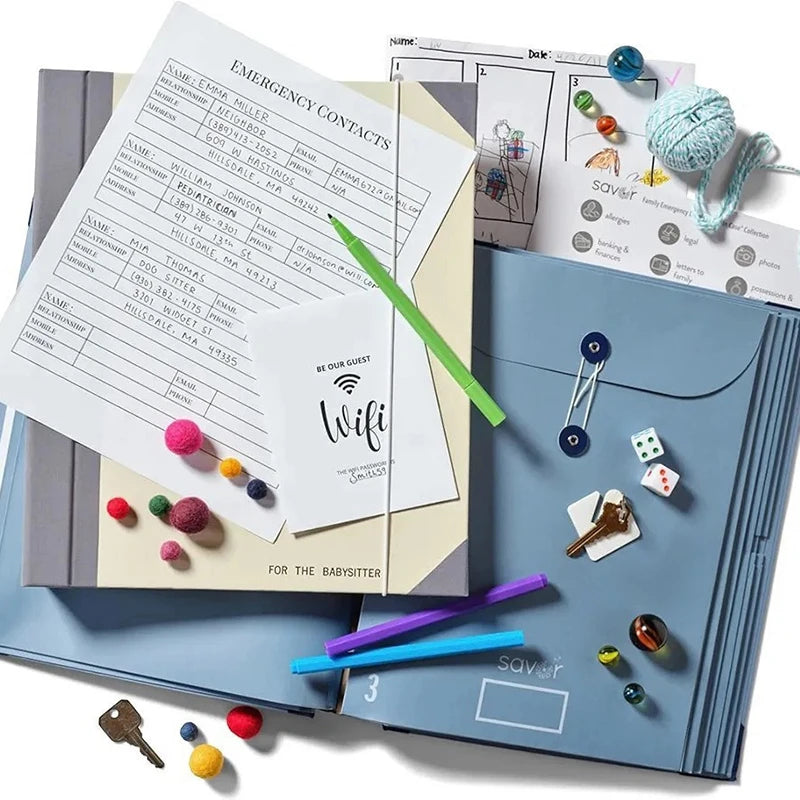 A set of expanding accordion document organizer files showing emergency contacts and other papers with colorful accents