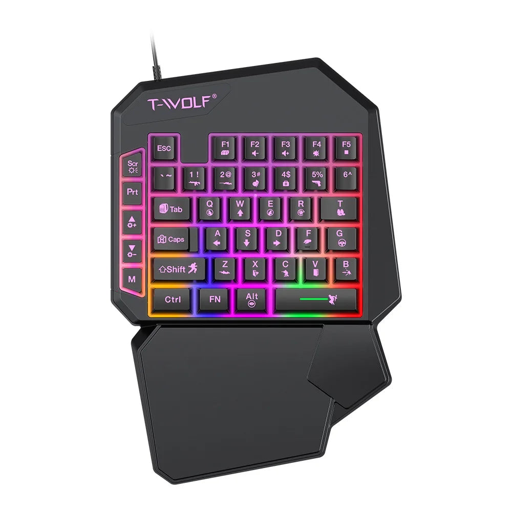 A black T-Wolf mobile gaming keyboard and mouse combo with customizable keys and a separate mouse.