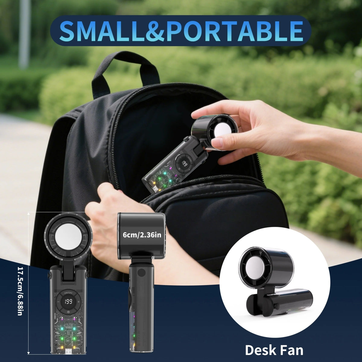 A hand is holding a portable handheld mini fan with a cold compress on a black backpack.