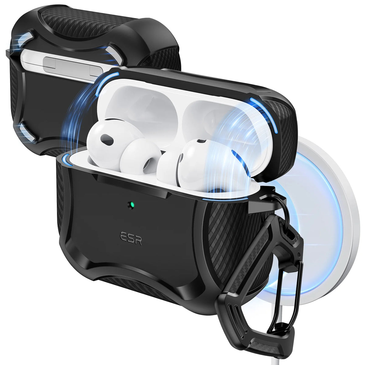 A black magnetic case for AirPods Pro with three white earbuds inside and a transparent circular accessory.