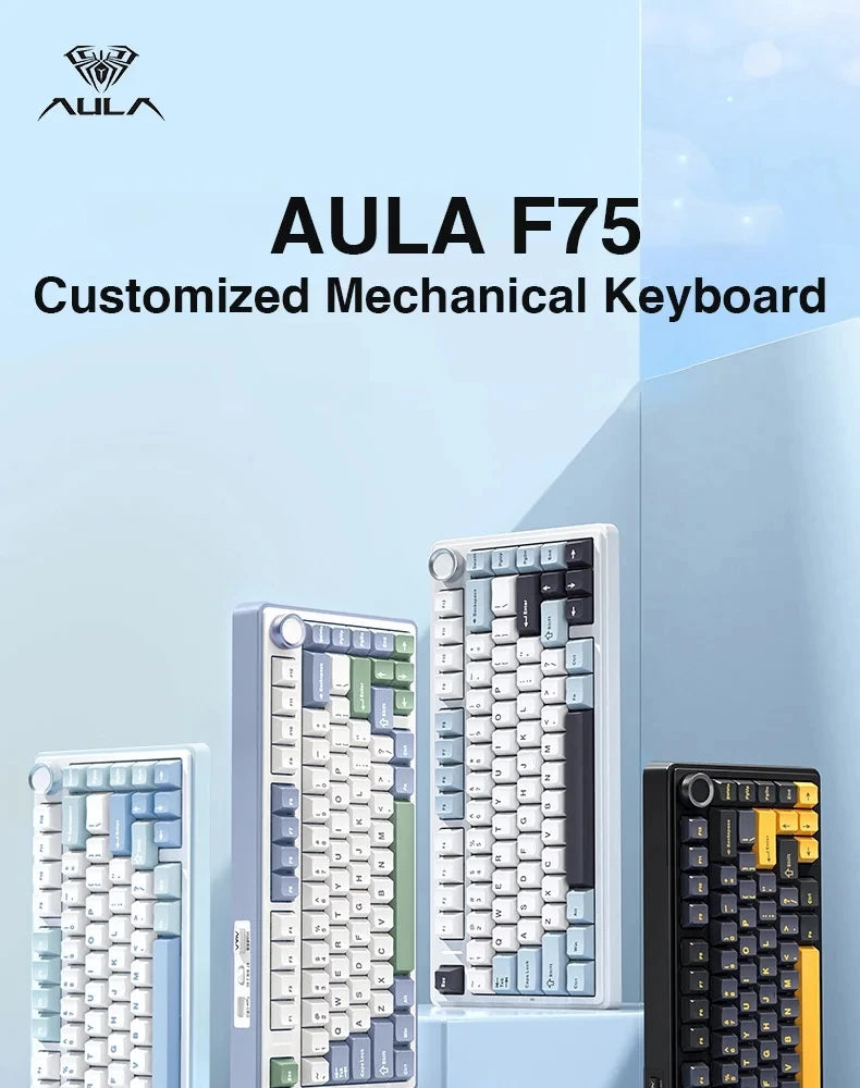 A close-up view of the AULA F75 customized mechanical keyboard featuring various switch colors and layouts.