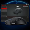 A black Redragon LIT wireless gaming mouse is displayed with a software interface showing settings.