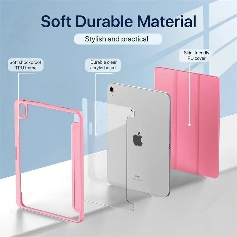 A pink protective case for an iPad is shown next to a clear acrylic board.