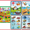 A set of illustrations for a Magic Water Book featuring vehicles like police cars, construction equipment, boats, and aircraf